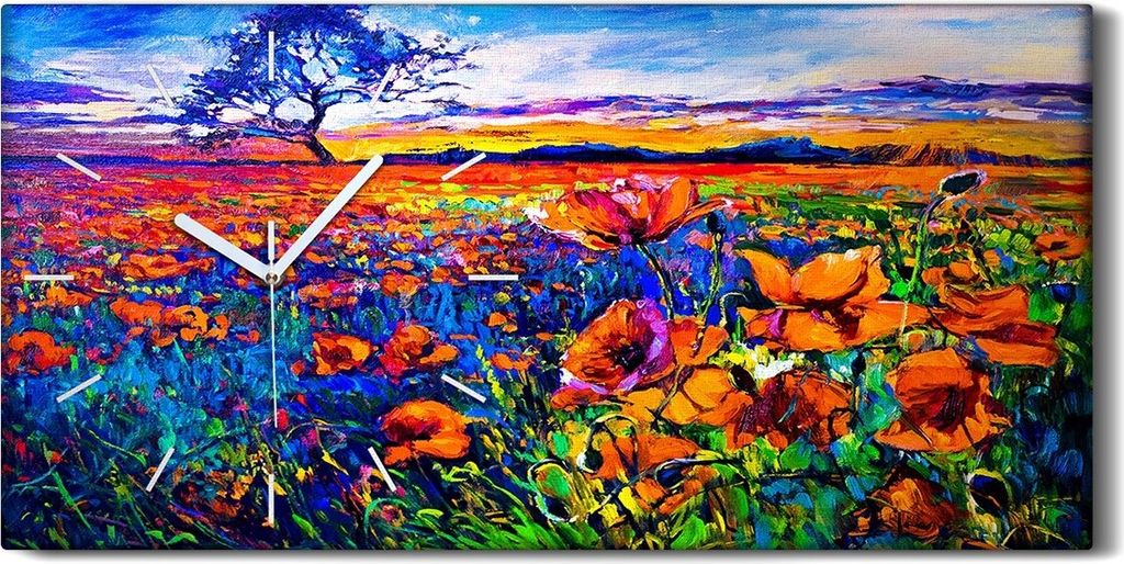 Wandbild Leinwand Bilder Wanduhr Quarz 60x30 Blume Wiese Baum Landschafts Himmel - weiße Hände