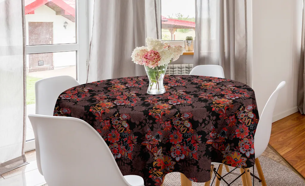 ABAKUHAUS Tovaglia Rotonda 150 cm Motivi Giapponesi Floreali Nero Arancione