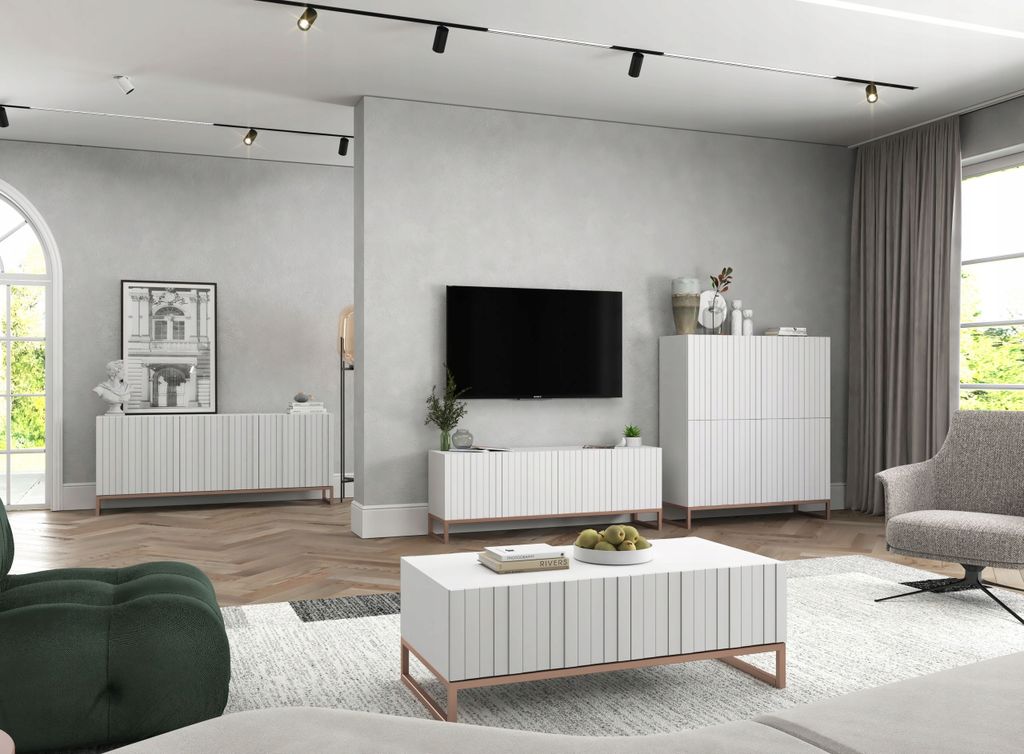 TV-Schrank Glamour TV-Schrank Elpis Viertürig Modern Lindner Möbel 150cm x 51,5cm x 36,5cm Farbe: Weiß matt Rahmen: Kupferfarbig - Metall