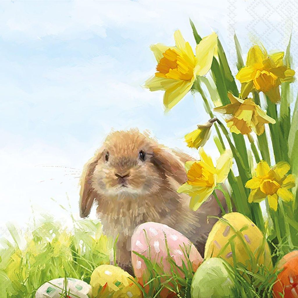 20 Servietten Fluffy - Fluffiger Hase an Narzissen 33x33cm Produktbild 