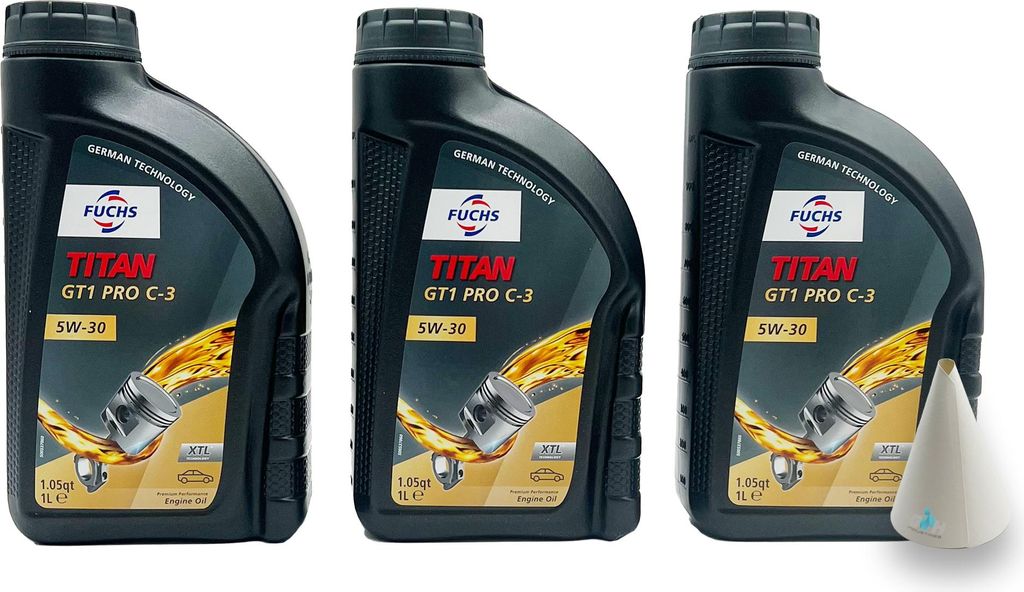 Three bottles of Fuchs Titan GT1 Pro C-3 5W-30 engine oil are displayed side-by-side.