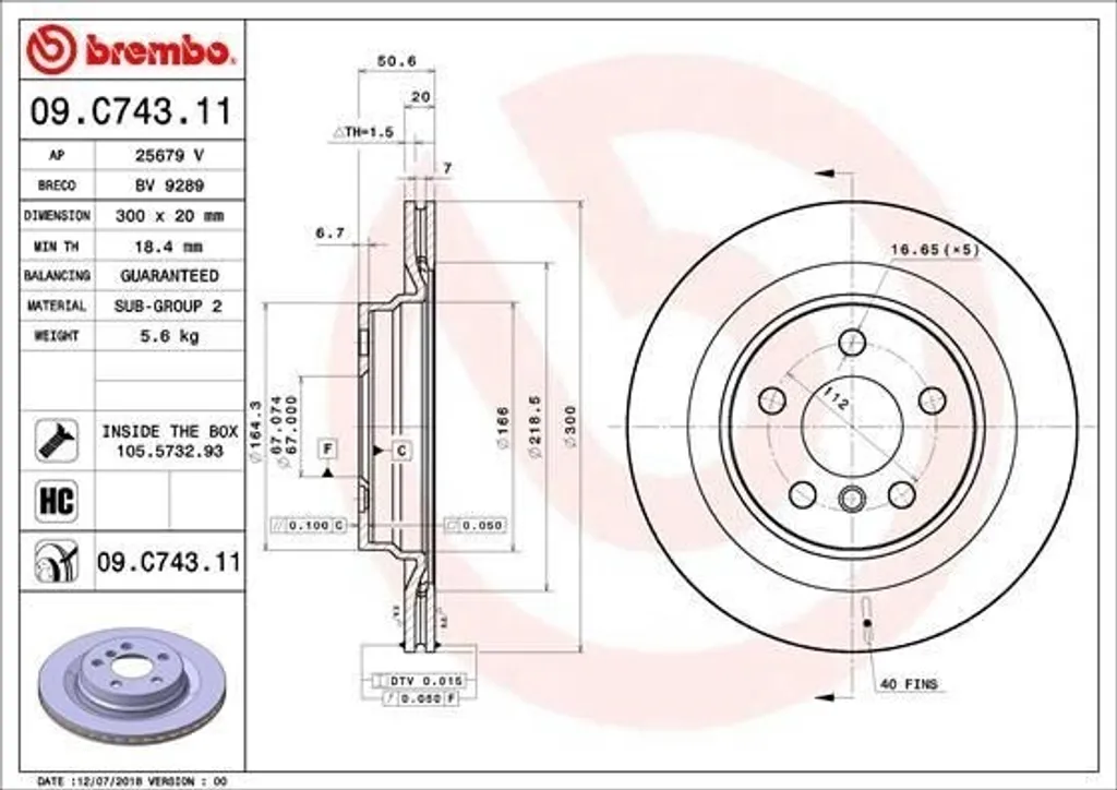 Brembo 09.C743.11 Disque de Frein OE 34216799369 pour BMW Série 1 F40