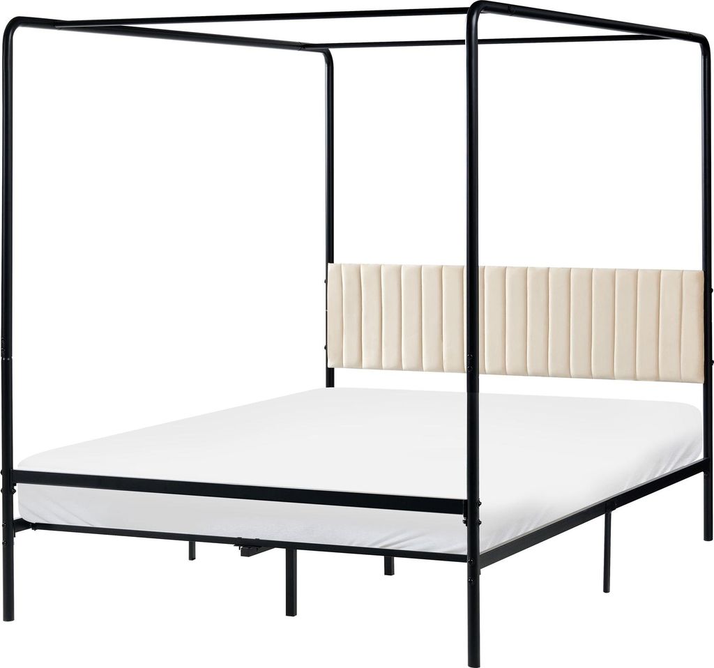 BELIANI Himmelbett Schwarz Metall mit Polsterkopfteil Gesteppt Metallrost 140x200 cm Modernes Design Schlicht Schlafzimmer Bett Doppelbett Metallbett