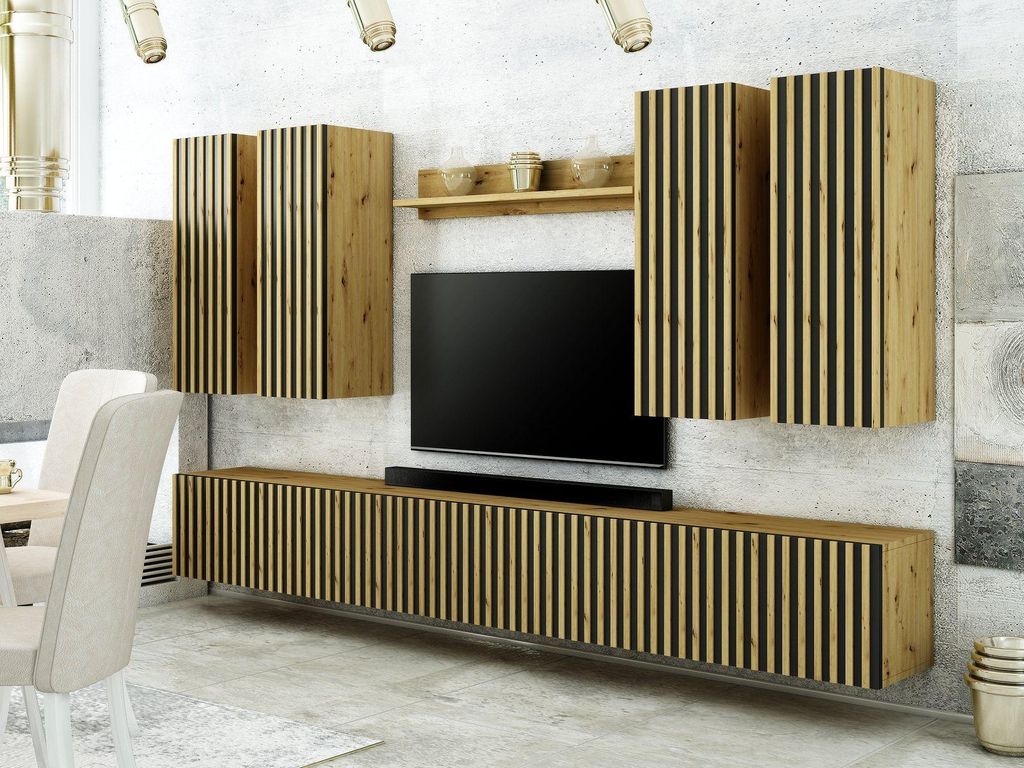 MONCLERO GF1 | Wohnwand TREND 4 Eiche Artisan – Wohnzimmer Möbel Set Loft mit Lamellen Hängend