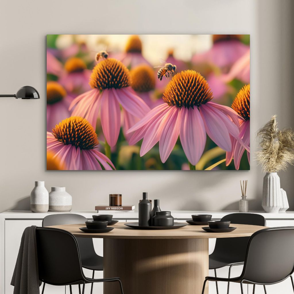 MuchoWow Wanddekoration Metall Metallbild Wandkunst 120x80 cm Blumen - Lila - Bienen MuchoWow Aluminium Gemälde - Alu Bild