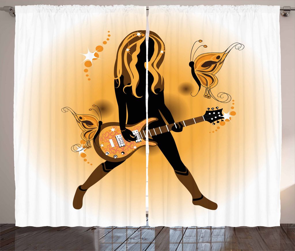 ABAKUHAUS Popstar-Party Rustikaler Vorhang, Mädchen-Haar-Gitarre, Wohnzimmer Universalband Gardinen mit Schlaufen und Haken, 280 x 245 cm, Orange ...