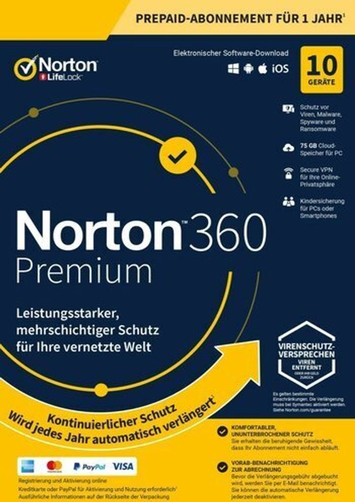 Norton 360 PREMIUM /10 Geräte / 1 Jahr PC/Mac/Android / Abo (Lizenz per E-Mail)