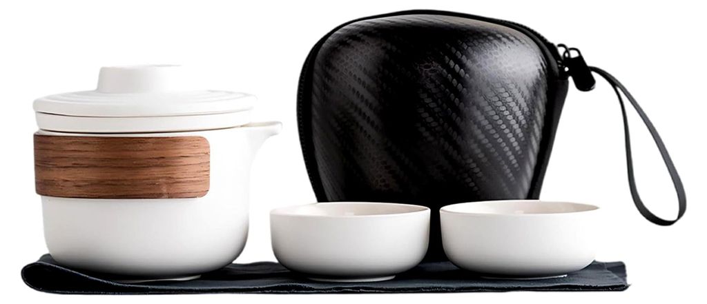 Tragbares Reise Kung Fu Tee Set Porzellan Teeservice mit Reisetasche, Teekanne und 2 Tassen für Picknick, Reisen, Zuhause (Weiß)