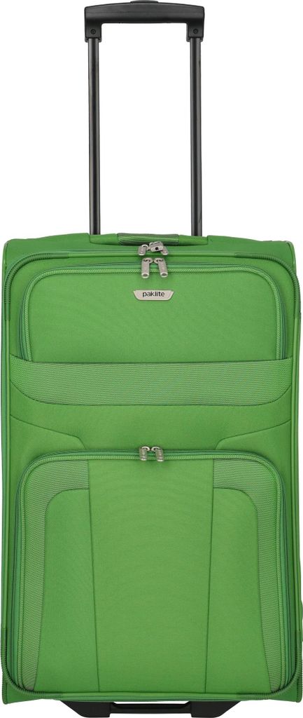 A green trolley suitcase against a white background.