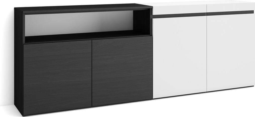 Sideboard, Highboard, 200x35x75cm, 4 Türen, Wohnzimmer, Küche, Weiß und Schwarz