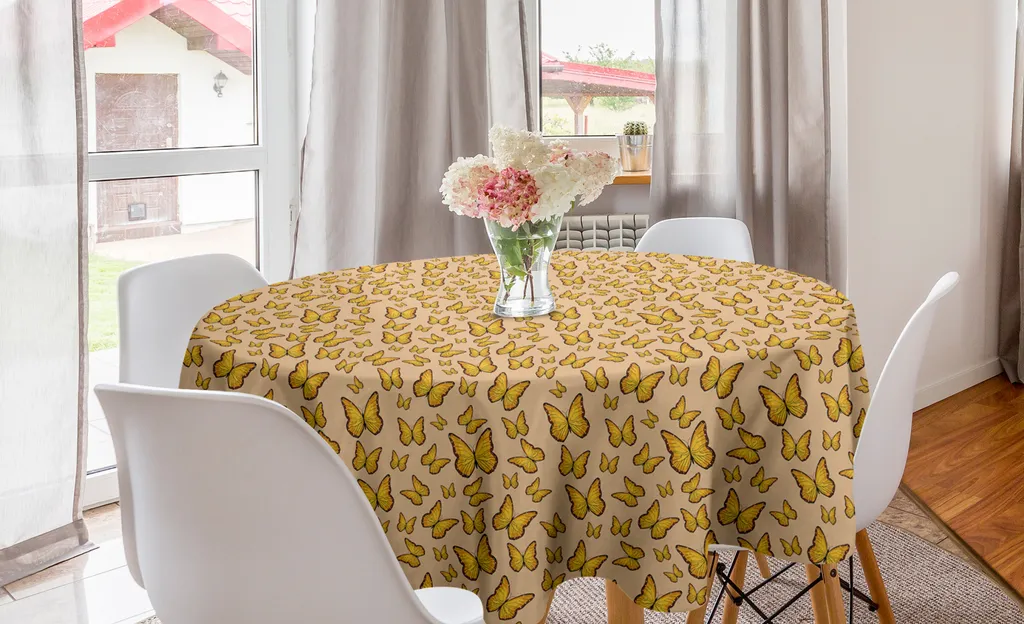 ABAKUHAUS Tovaglia rotonda arancione e gialla, farfalle, tovaglia circolare per sala da pranzo, decorazione per cucina, 150 cm, marrone pastello e arancione chiaro