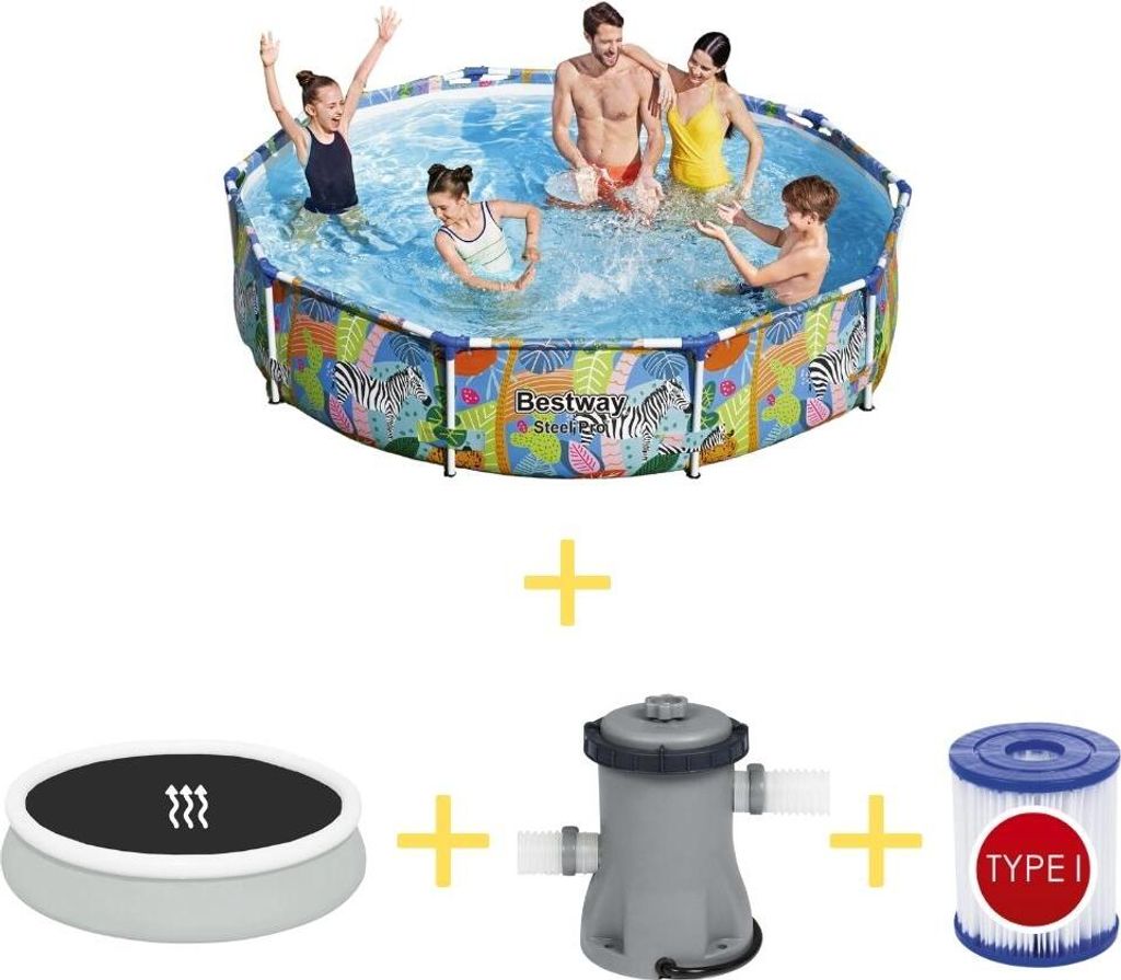 Bestway Pool - Steel Pro - Tiere - 305 x 66 cm - Inklusive Solarsegel, Filterpumpe & Filter