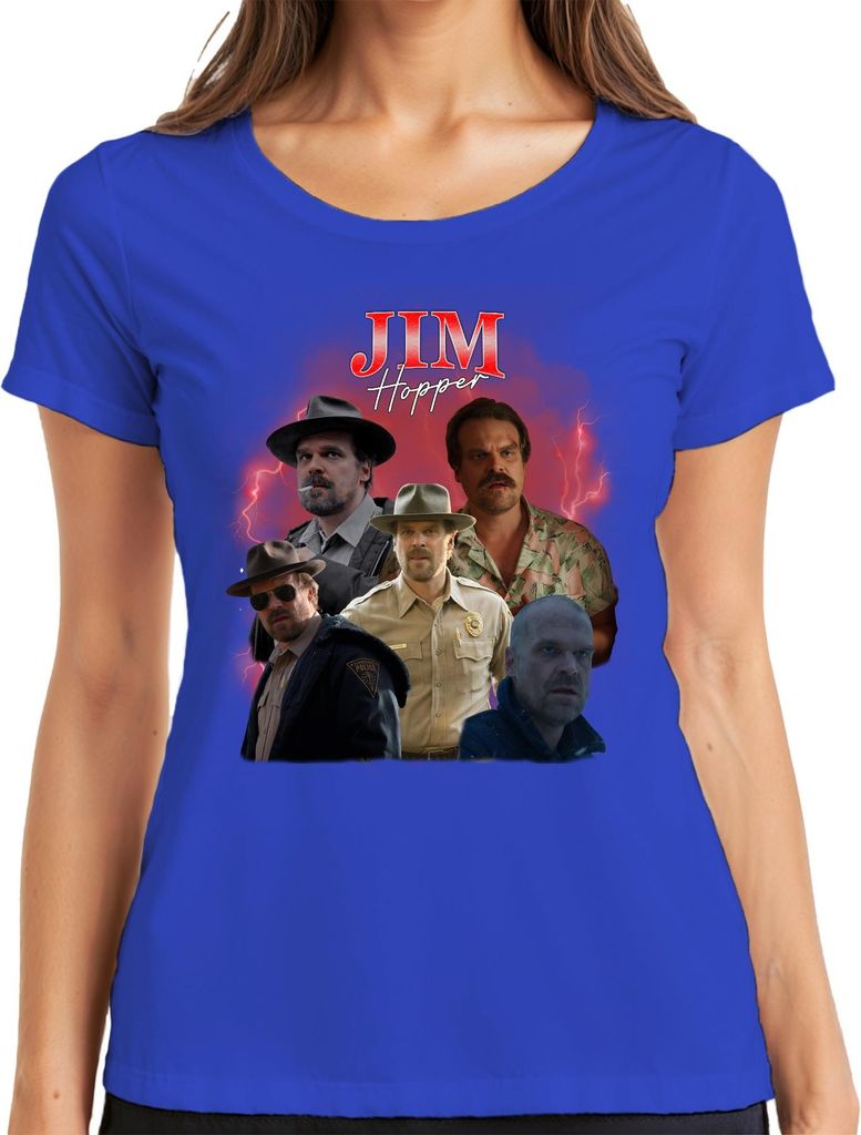 Jim Hopper Stranger Sheriff Hawkins Polizei Geschenk Serie 90s Bootleg Damen T-Shirt, Blau, M