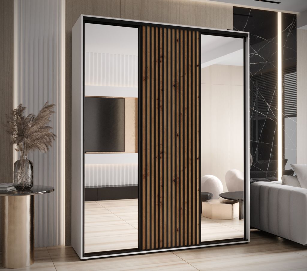 Kleiderschrank FIDELIA 2 – 190/60 cm, weiß/Eiche handwerklich/schwarz