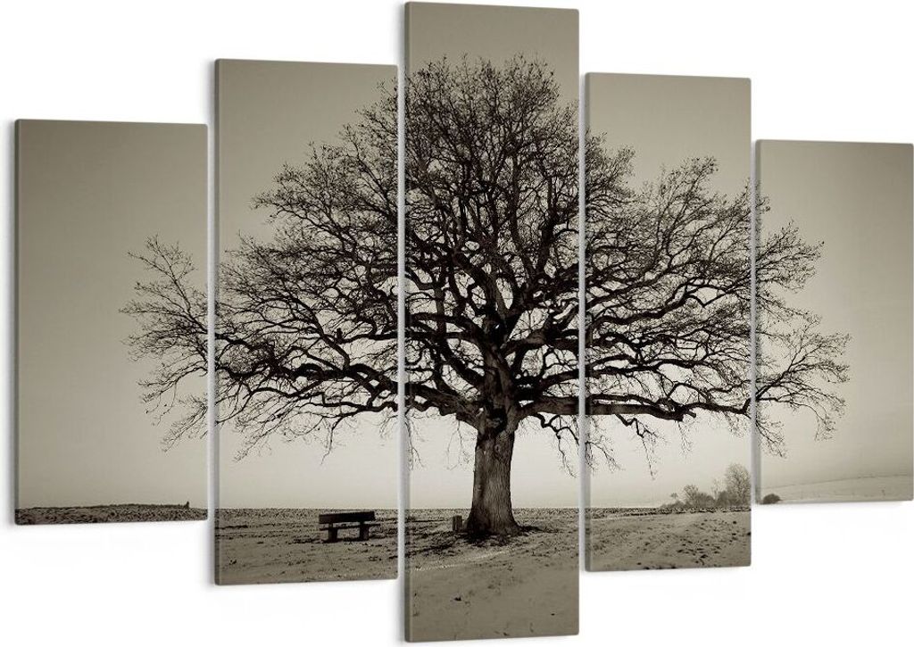 Bild auf Leinwand - Leinwandbild - 5 Teile - Baum Schnee Sepia - 150x100cm - Wand Bild - Wanddeko - Wandbilder - Leinwanddruck - Bilder - Wanddekor...