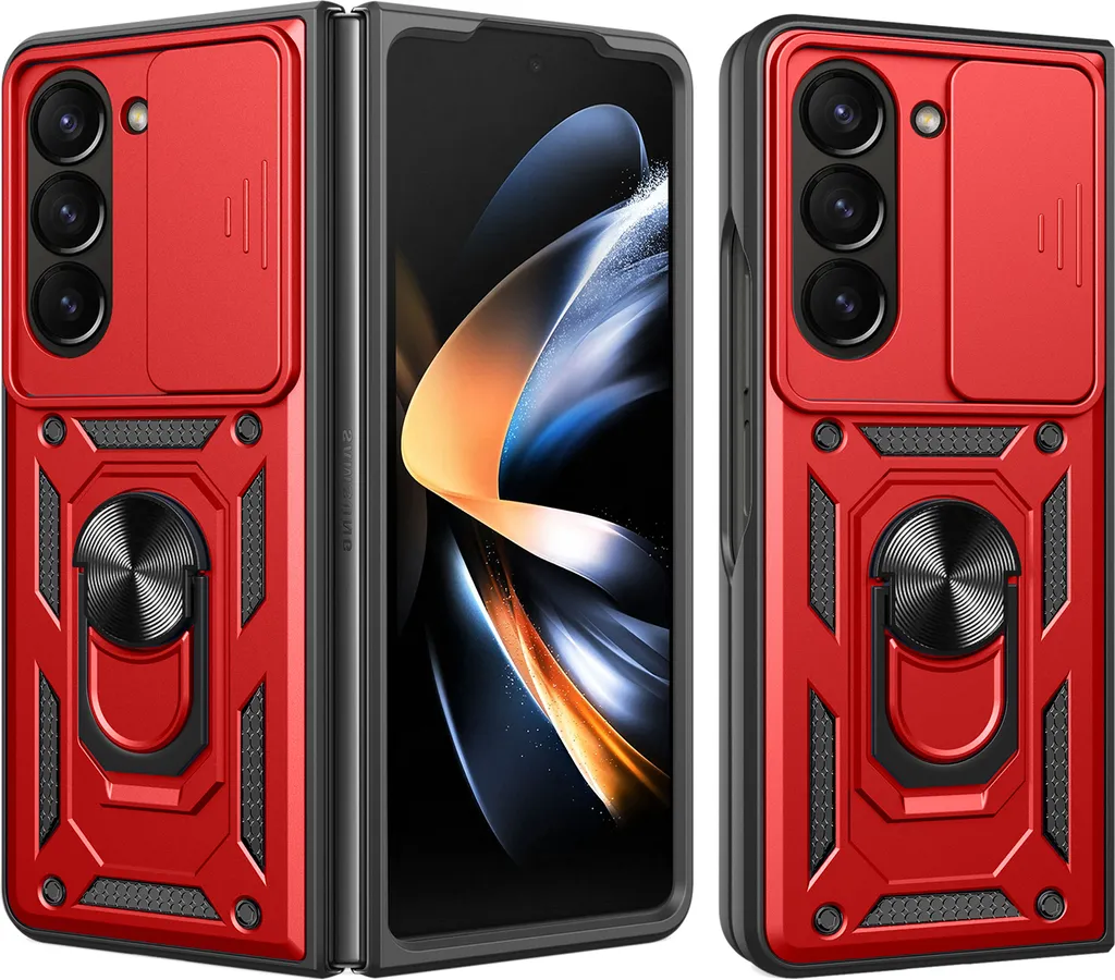 Cover Samsung Z Fold 5 Anti-Uto: Armatura Rossa con Stand Anello