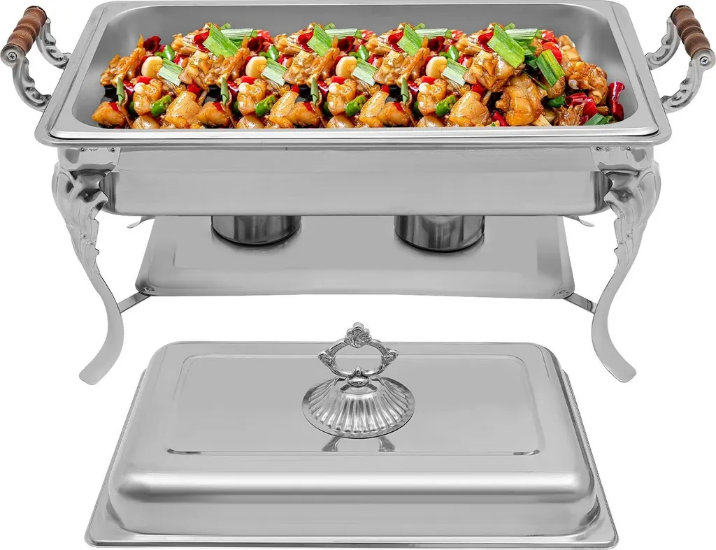 Chafing Dish Inox et Bois 9L - Chauffe-plat Bain Marie 66x36cm Robuste