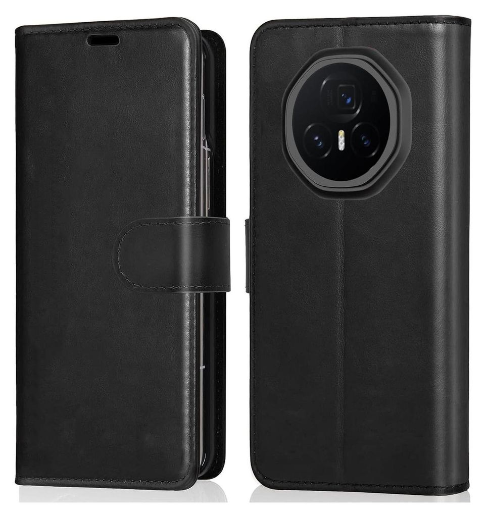 A black flip case for a smartphone is shown from two angles.
