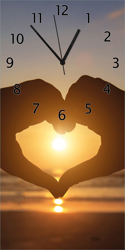 Wallario Design Wanduhr Liebe im Herzen der Sonne - Strand und Meer aus Echtglas, Größe 30 x 60 cm