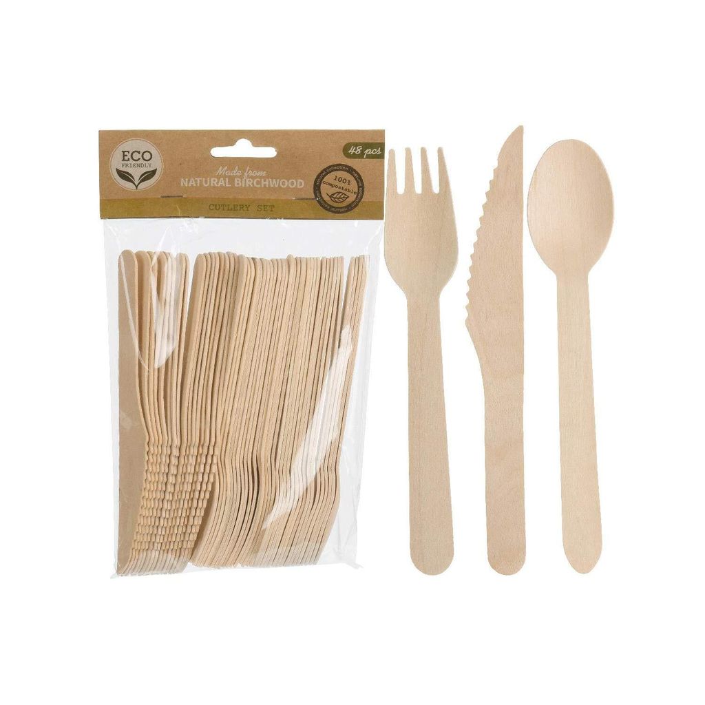 A package of wooden cutlery and individual pieces of cutlery are displayed against a white background.