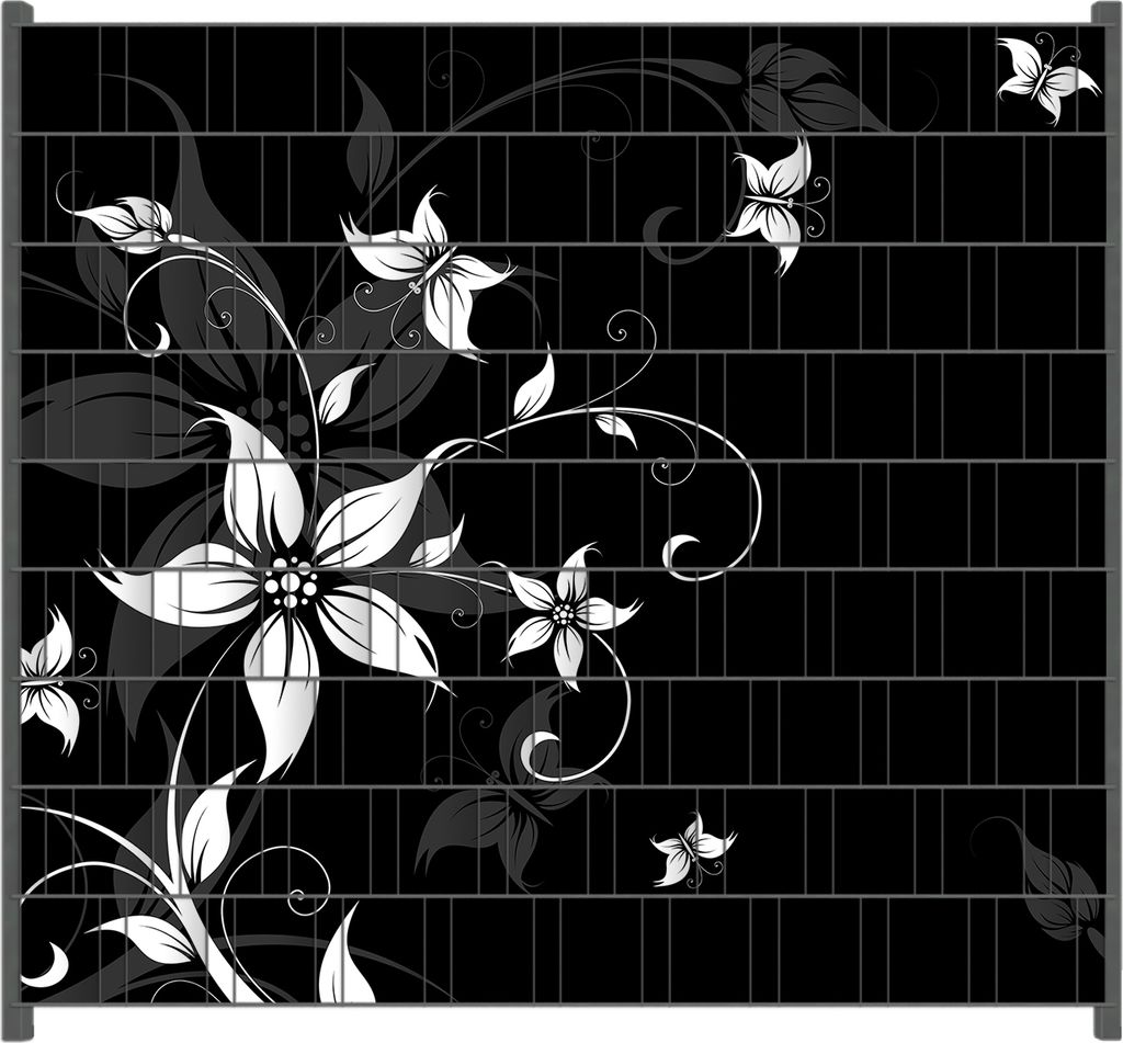 Wallario Zaunsichtschutz mit Motiv Blumenranke in Schwarz-Weiß für Ein- und Doppelstabmatten Zäune in der Größe 200 x 180 cm