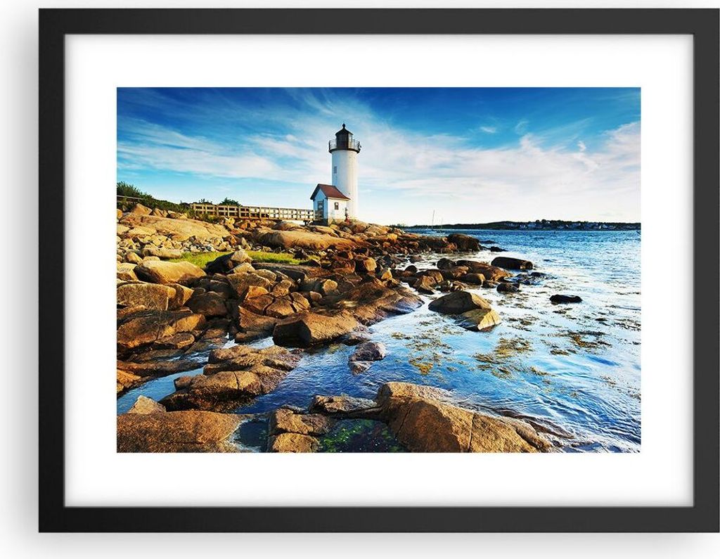 Gerahmtes Poster - Schwarzer Rahmen - Leuchtturm Ufer Wolke Landschaft - 40x30 cm - Wand Bild - Wanddeko - Wandbilder - Wandposter - Bilderrahmen -...