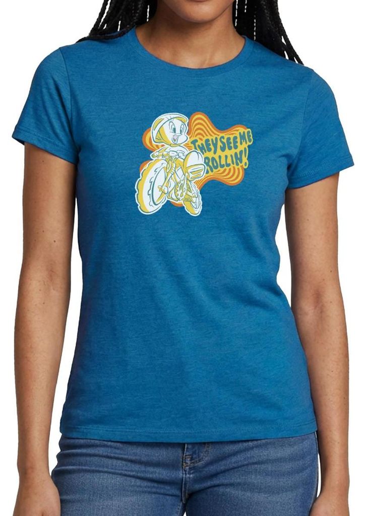 Spreadshirt Looney Tunes They See Me Rollin' Tweety Fahrrad Frauen T-Shirt, M, Antikblaues Saphir meliert