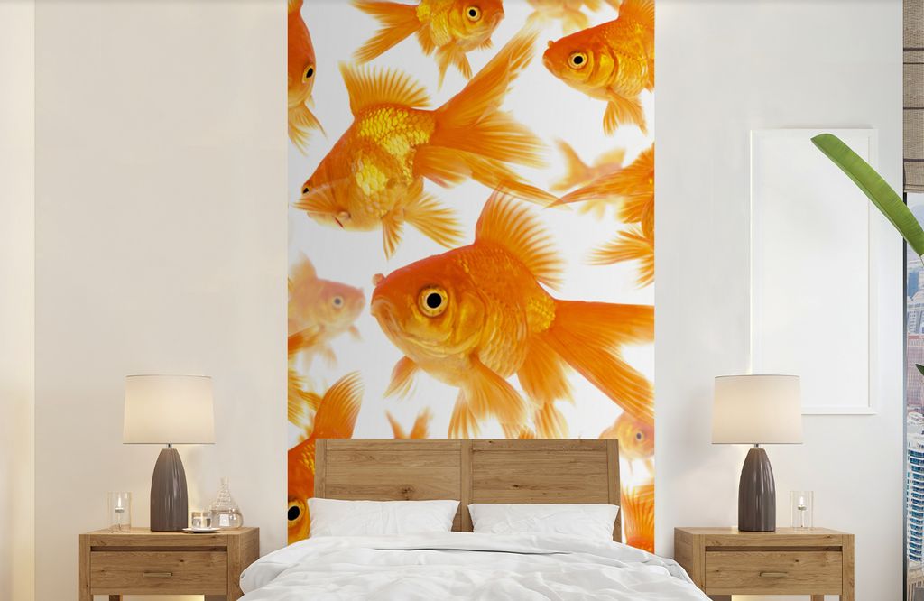 MuchoWow Fototapete für Wohnzimmer oder Schlafzimmer Wandtapete Vinyl Motivtapete Goldfisch - Weiß - Fisch - 120x240 cm - Hintergrundbild