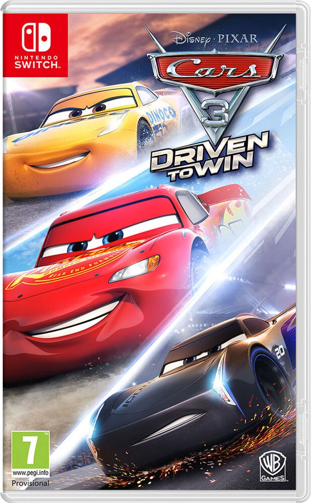 Game cover art for Cars 3: Driven to Win featuring three racing cars.