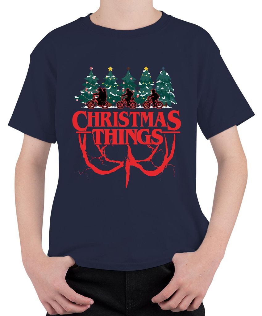 CHRISTMAS THINGS Stranger Weihnachten Demogorgon Kinder Retro Uni Kinder T-Shirt, Navy, 152