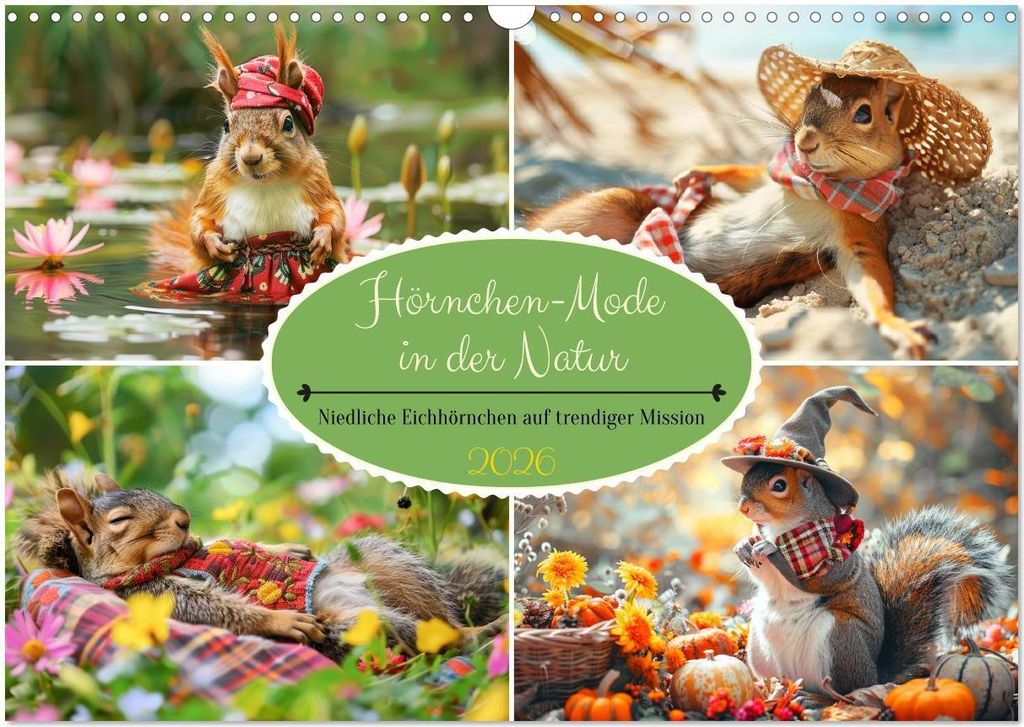 Hörnchen-Mode in der Natur. Niedliche Eichhörnchen auf trendiger Mission (Wandkalender 2026 DIN A3 quer), CALVENDO Monatskalender