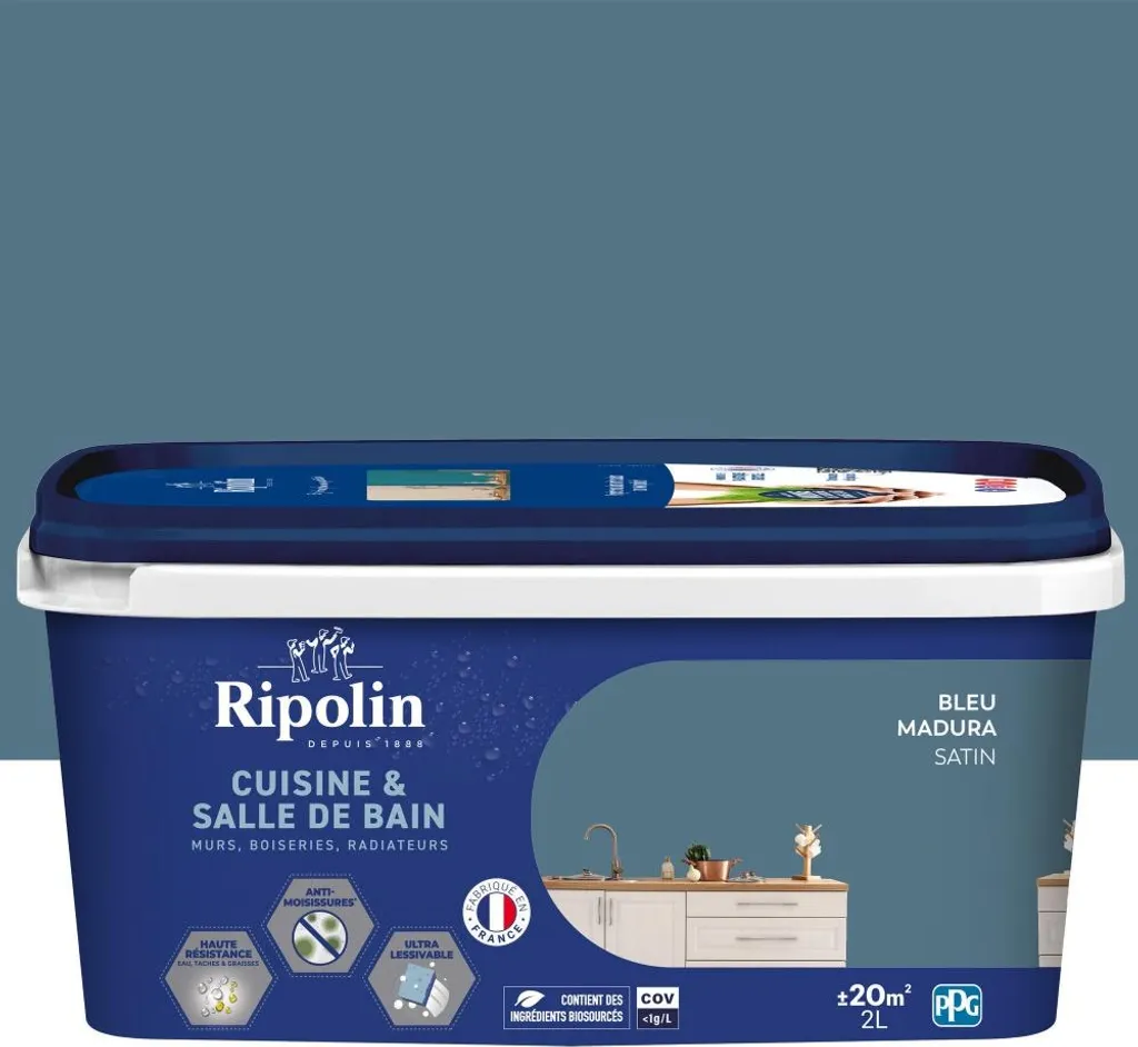 Peinture Ripolin Cuisine et Bain Bleu Madura Satin en pot de 2 Litres