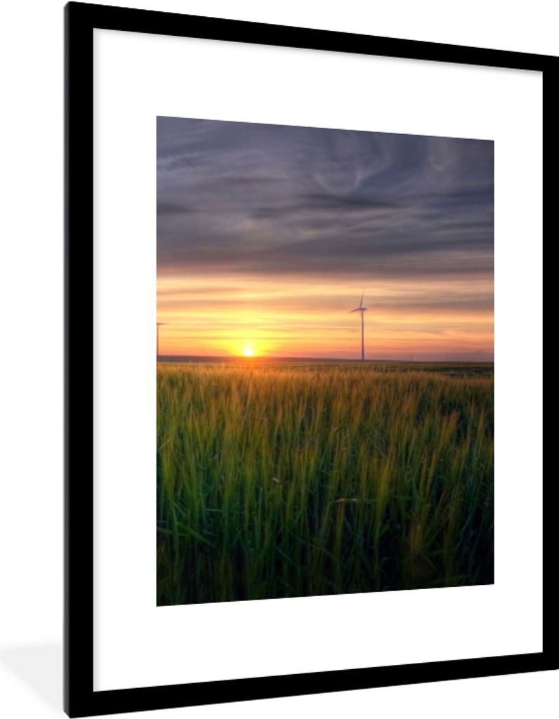 MuchoWow Gerahmtes Poster Windmühle - Sonne - Gras 60x80 cm - Poster mit Schwarzem Bilderrahmen Wandposter Rahmen Foto Bilder - Wohnzimmer - Dek...