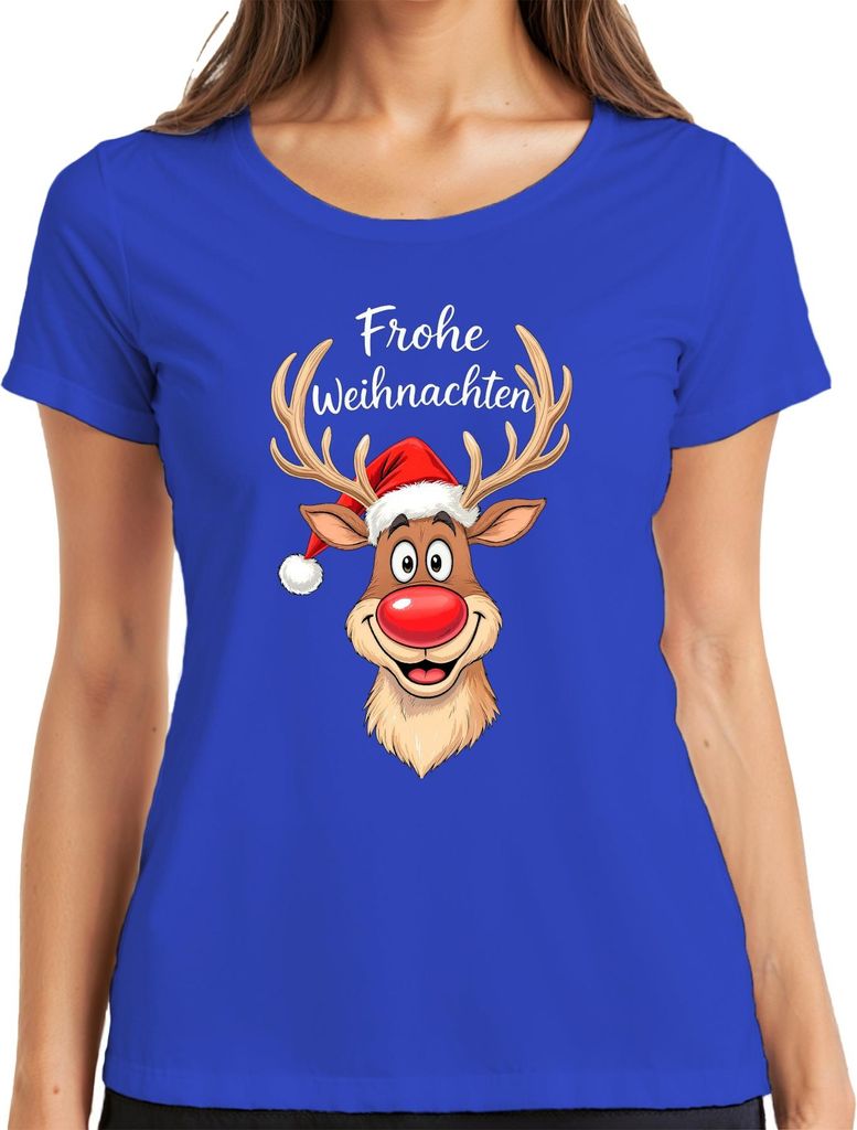 Frohe Weihnachten Rentier Rudolph Rotnase Nikolaus Mütze Lustig Damen T-Shirt, Blau, XL