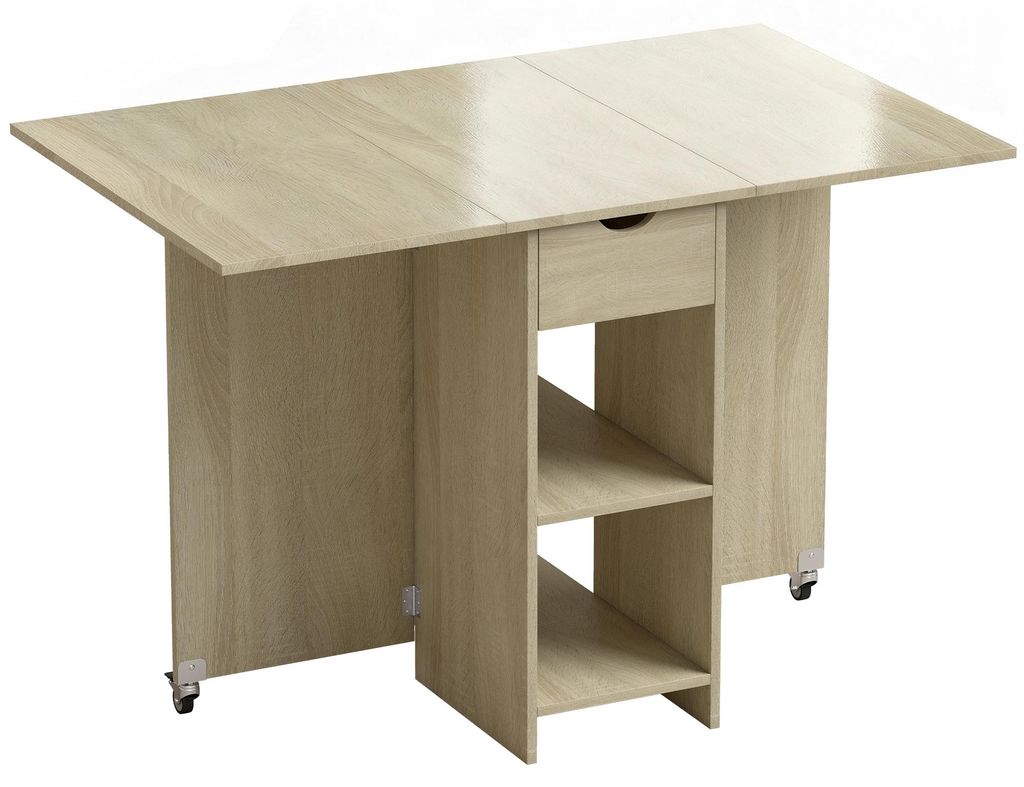 Klappbarer Esstisch für 2-4 Personen, Rollbarer Tisch mit offenem Fach und Schublade, ideal für kleine Räume, Natur