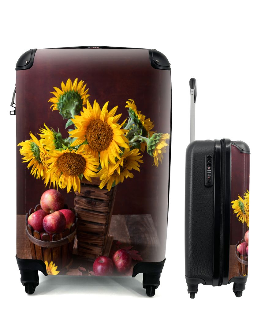 MuchoWow Koffer Handgepäck Trolley Rollkoffer Kleine Reisekoffer mit 4 Rollen - Sonnenblumen - Apfel - Stilleben - Cabin Size < 55x40x23 cm & 55...