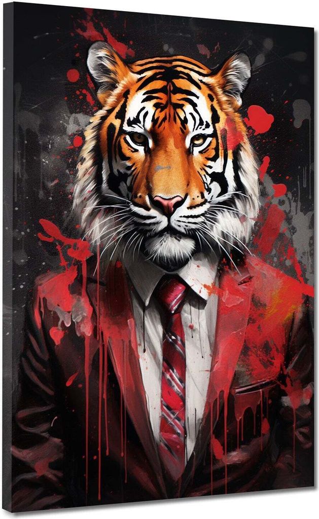 Tiger im roten Anzug Pop Art Leinwandbild Wandbild Kunstdruck XL Wanddeko: 30x40x2cm