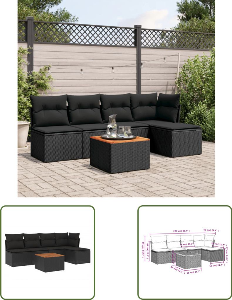 The Living Store 6-tlg. Garten-Sofagarnitur mit Kissen Schwarz Poly Rattan