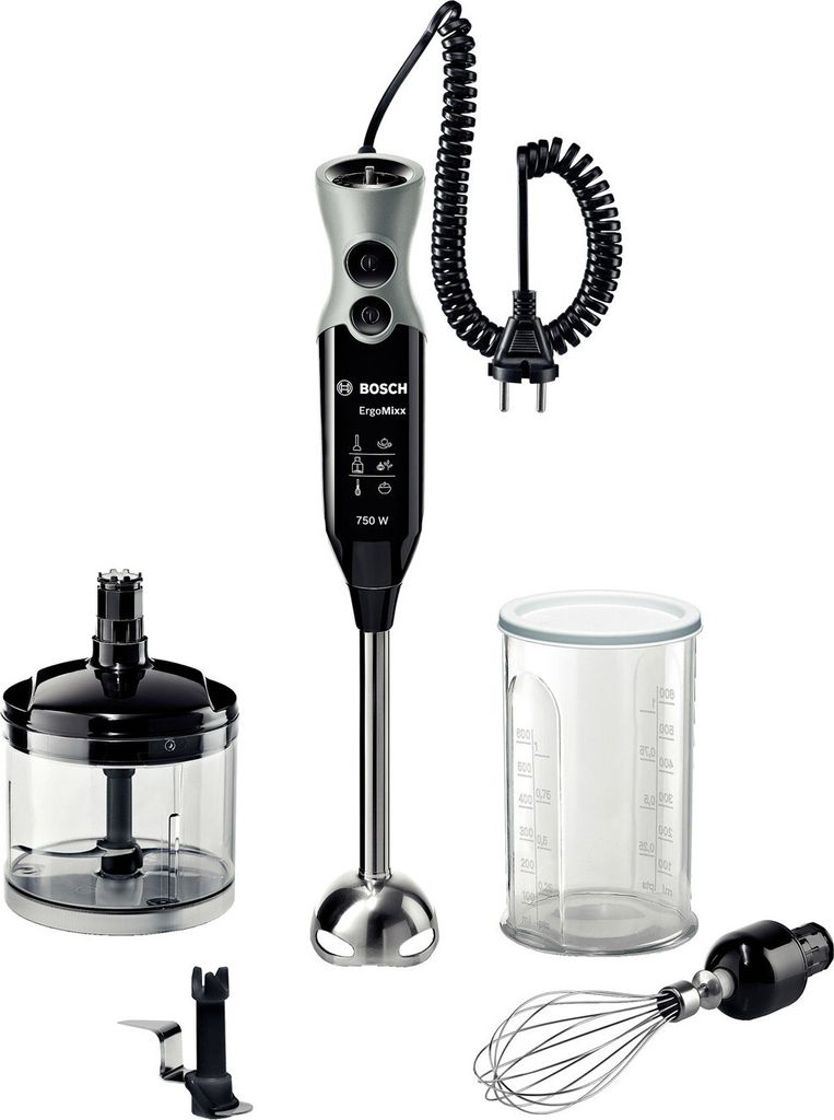A Bosch hand blender set with accessories laid out on a white background.
