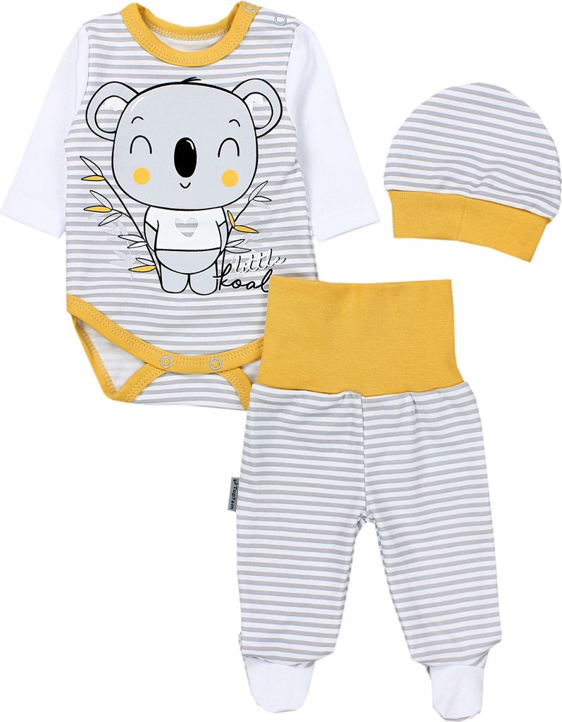 TupTam Baby Mädchen Jungen Bekleidungsset Langarmbody Hose Mütze mit Aufdruck Spruch 3 teilig, Farbe: Koala Streifen Grau / Gelb, Größe: 62