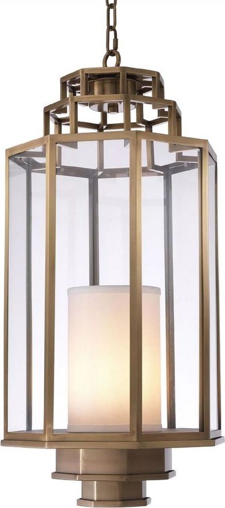 Casa Padrino Luxus Hängeleuchte Antik Messingfarben / Cremefarben Ø 32,5 x H. 69 cm - Luxus Hotel & Restaurant Laterne - Luxus Kollektion