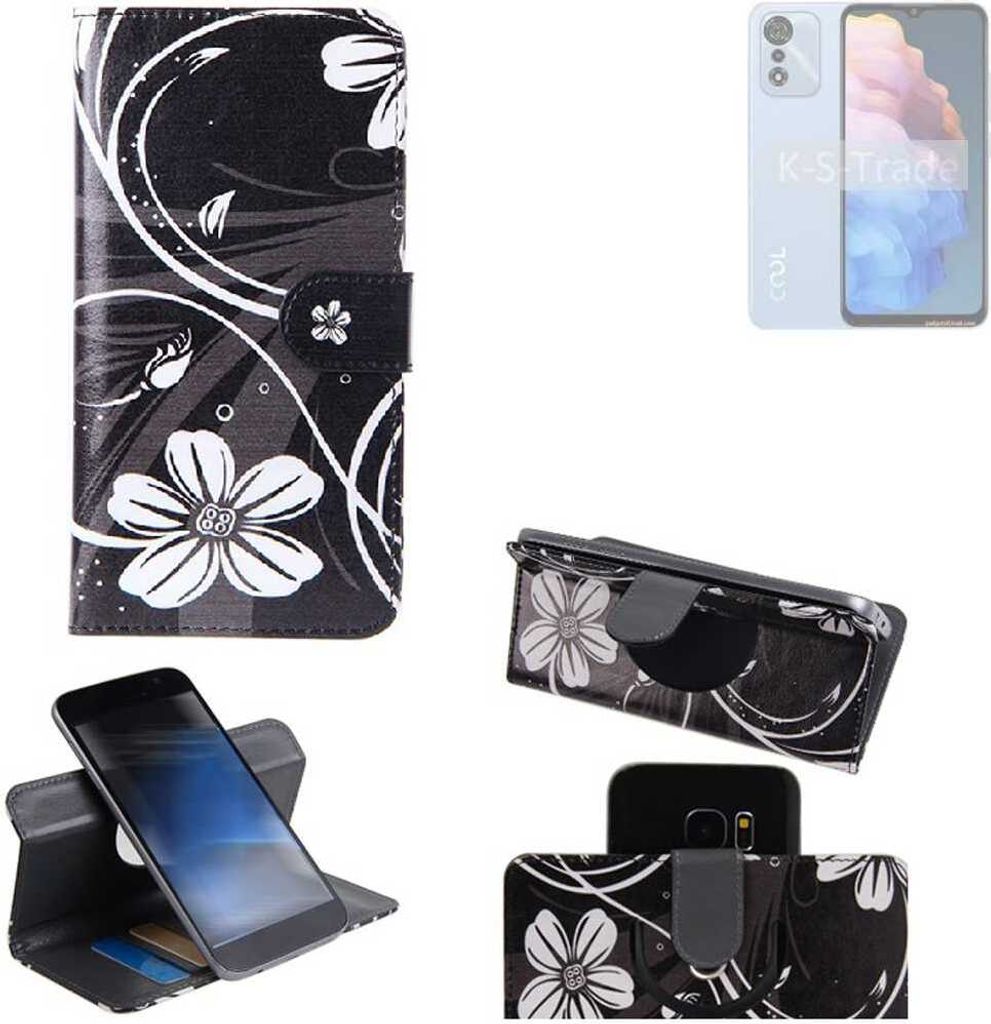 K-S-Trade Schutzhülle Handyhülle kompatibel mit Coolpad Cool 30 Hülle 360° Wallet Case “Flowers“ Klapphülle Hülle schwarz-weiß 1x