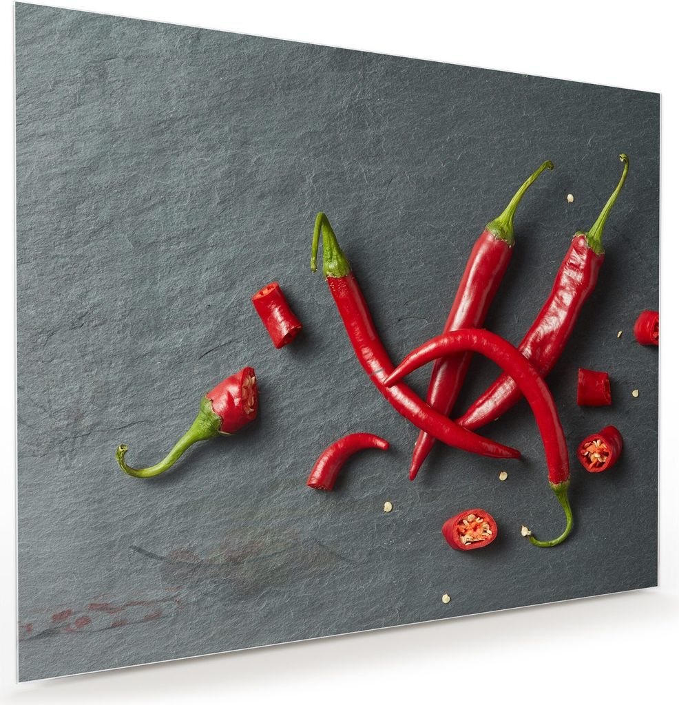 Glasbild Wandbild Chili ganz und gehackt 75x60cm in XXL für Wohnzimmer, Schlafzimmer, Badezimmer, Flur