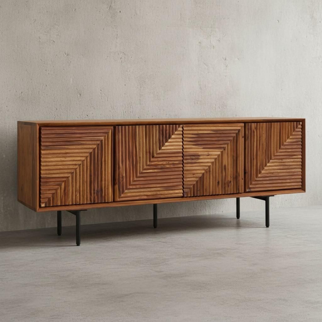 Lowboard Sheesham Massivholz 140x54x33 cm TV-Kommode mit vier Türen, Design TV-Schrank Hoch, Fernsehtisch Fernsehschrank Modern, Fernsehkommode Wo...