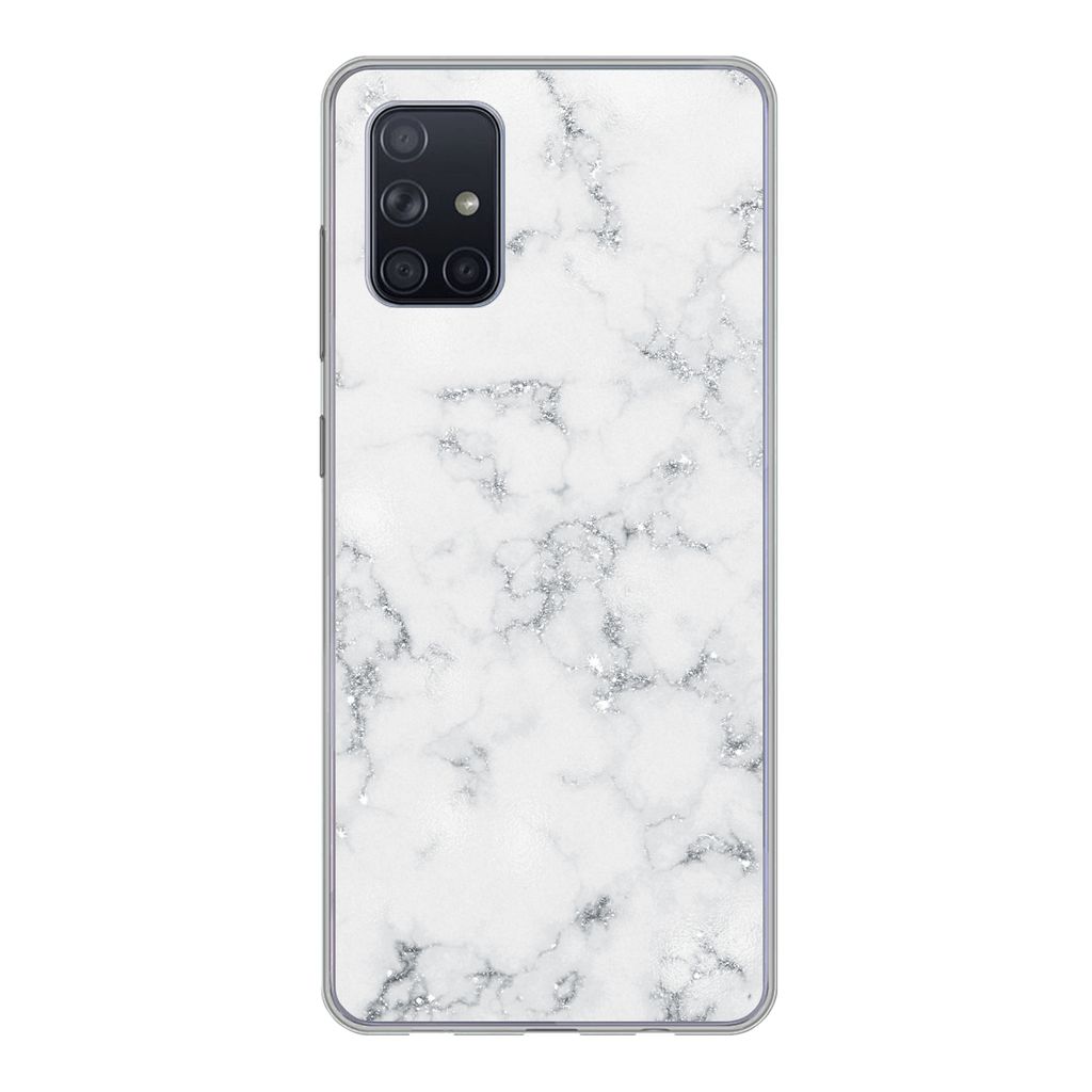 MuchoWow Handyhülle Schutzhülle Hülle für Samsung Galaxy A51 Marmor - Weiß - Silber - Glitter - Marmoroptik - Chic Silikon Softcase Handy H...