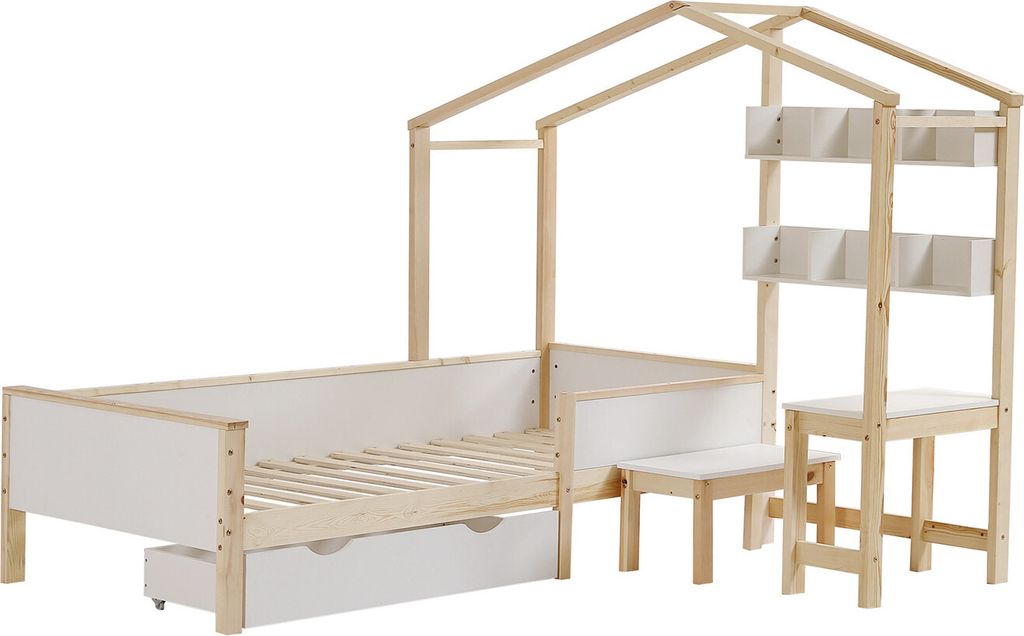 Kinderbett Hausbett mit Schubladen,Regalen,Tisch und Hocker,Massivholz mit Schutzplatte und Lattenroste, L-Struktur,Kiefer+MDF+Mehrschichtplatte
