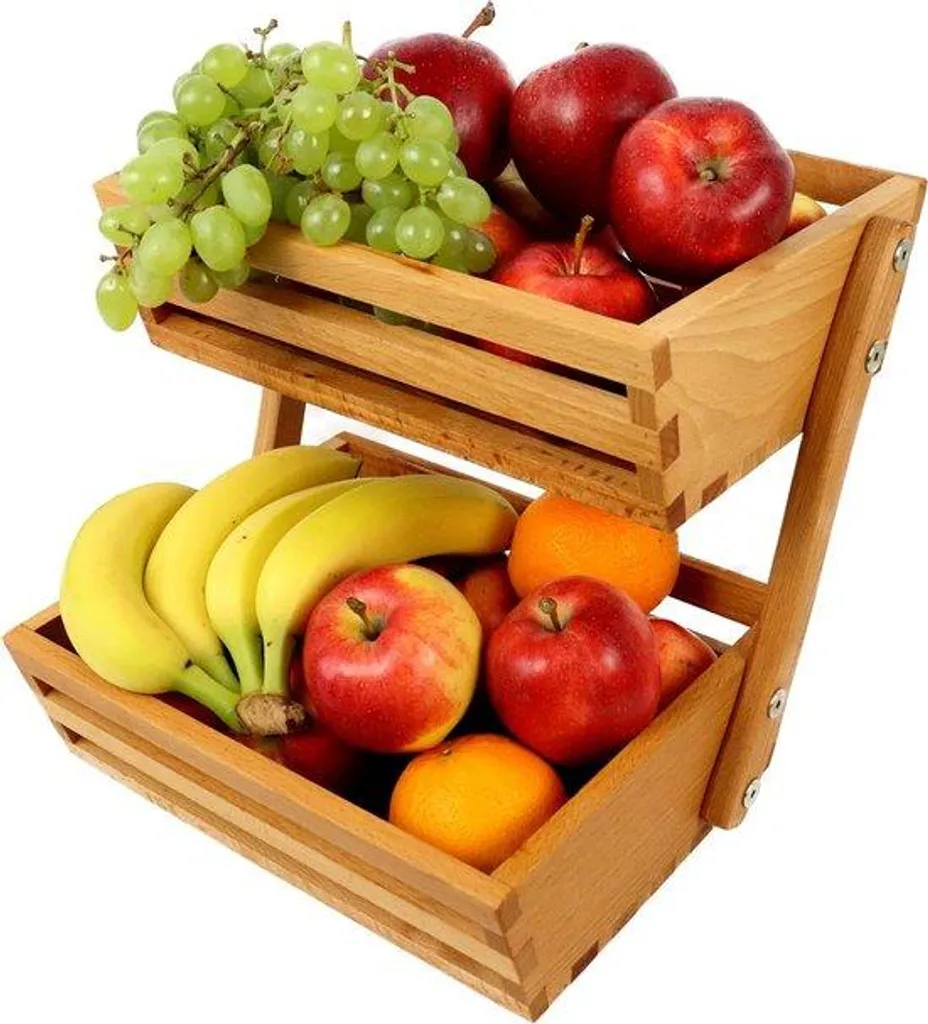 Corbeille à fruits 2 niveaux en bois robuste avec aération naturelle