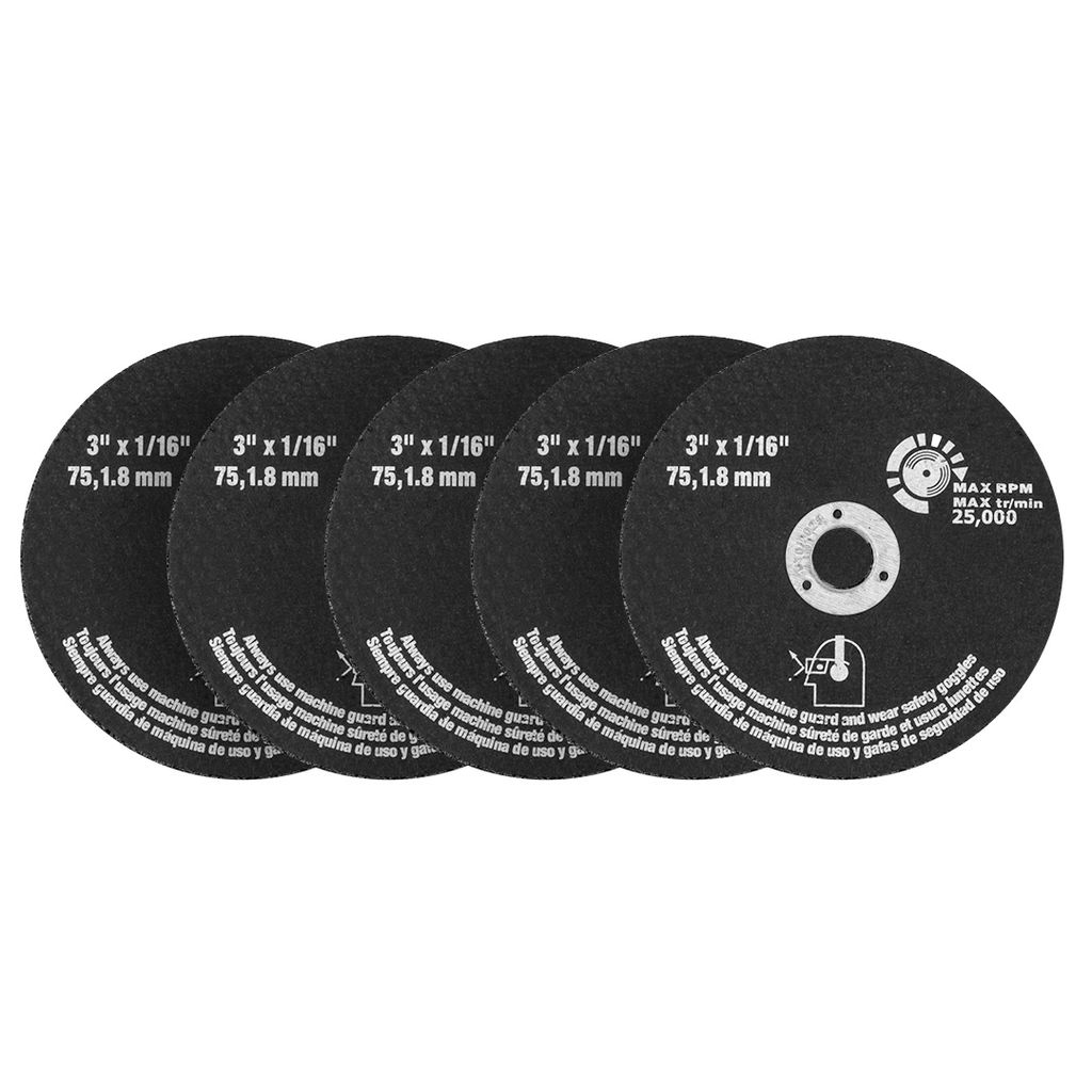 A set of five circular cutting discs arranged in a row.