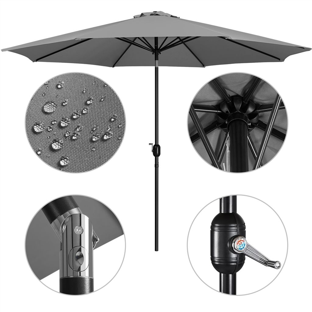 A collage of images showing different details of a gray patio umbrella.