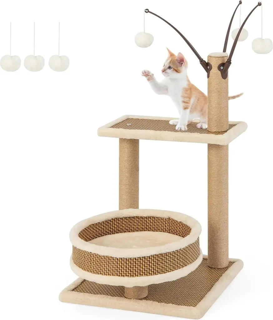 Arbre à chat 79 cm en bois et rotin avec griffoir sisal et balle